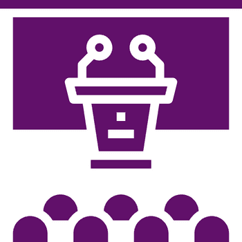 A stylized graphic of a podium with eyes and a mouth, in front of an audience depicted as simple shapes, all in purple against a lighter purple background.