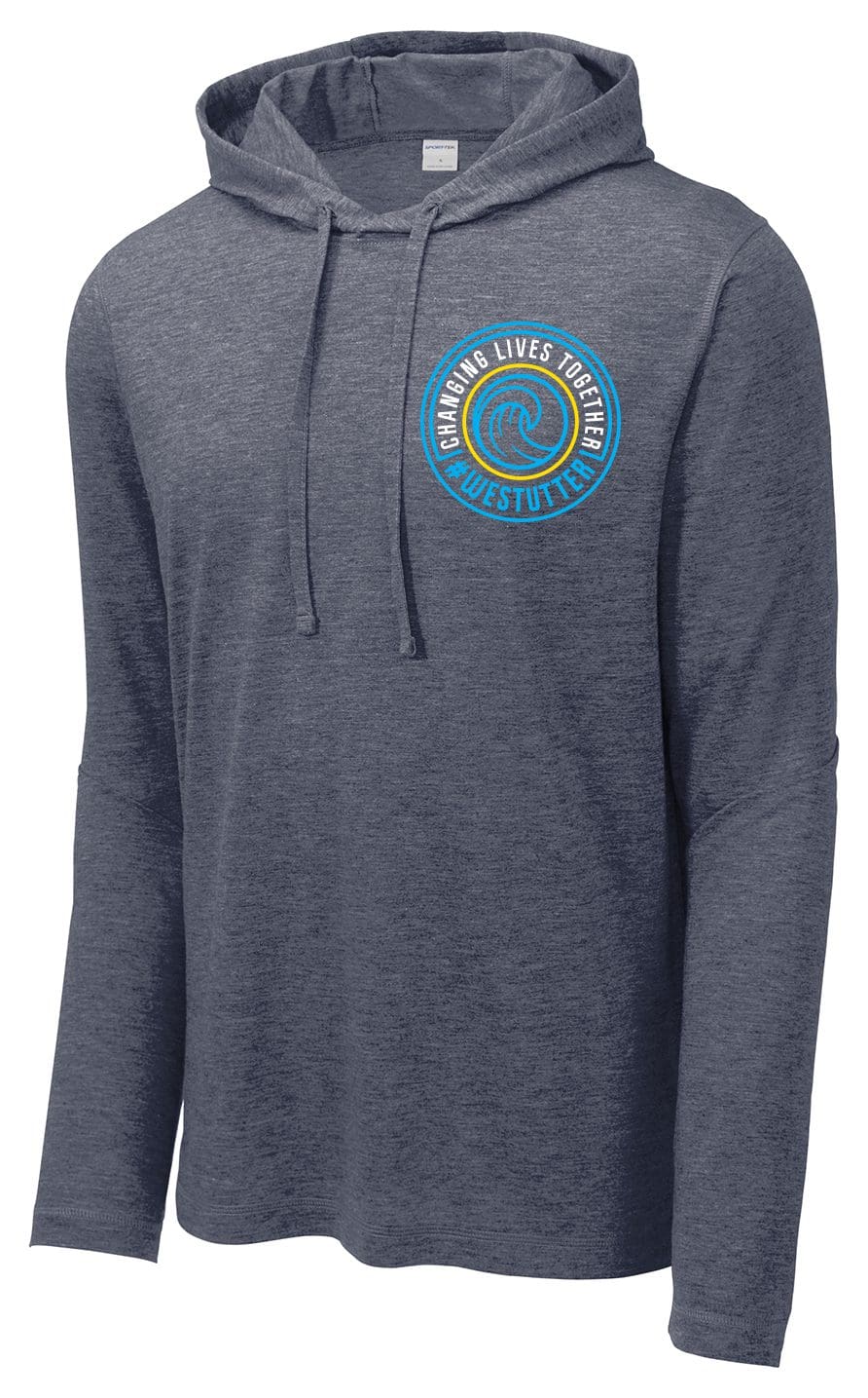 A heather gray Newport Beach Short Sleeved T-Shirt with a drawstring hood and a blue logo on the chest that reads "oceanic lives together" within a circular design.