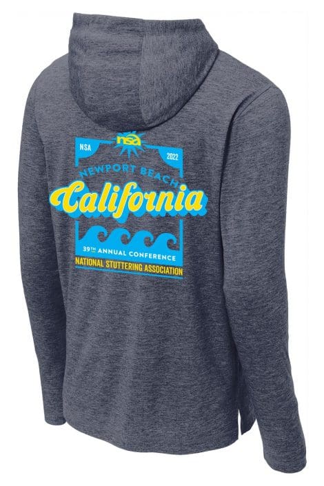 Grey hooded sweatshirt with "Newport Beach California 2022, 39th Annual Conference, National Sporting Association" logo in blue and yellow colors.