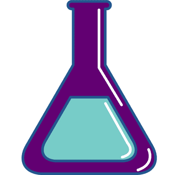 A stylized graphic of a purple erlenmeyer flask containing a light blue liquid. the flask has a glossy appearance, highlighted by subtle reflections.