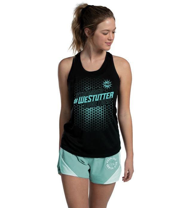A young woman wearing a Stronger Together Tank Top with "#westutter" printed on it and light blue shorts, standing with a slight turn to her left side.