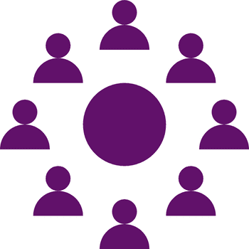 Graphic of a purple circle surrounded by seven smaller purple icons representing people, arranged in a circle, suggesting a group meeting or a team collaboration.