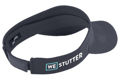 A dark blue sports visor with an adjustable strap featuring the text "we stutter" in white letters on the band and a small logo on the side.