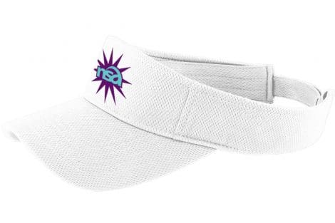 White visor hat with an adjustable strap and a purple and blue abstract logo on the front.
