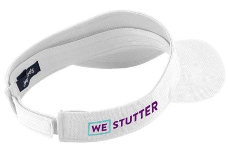 White NSA Golf Towel with a label that says "we stutter" in purple text, featuring adjustable straps and a logo on the side.
