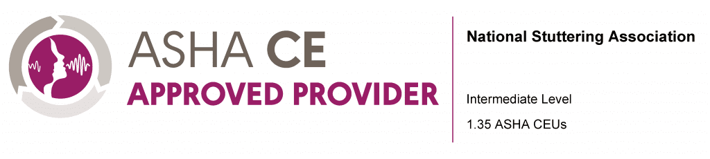 Logo of ASHA CE approved provider featuring a purple design and text for the "Support for People Who Stutter" National Stuttering Association, indicating an intermediate level course worth 1.35 AS