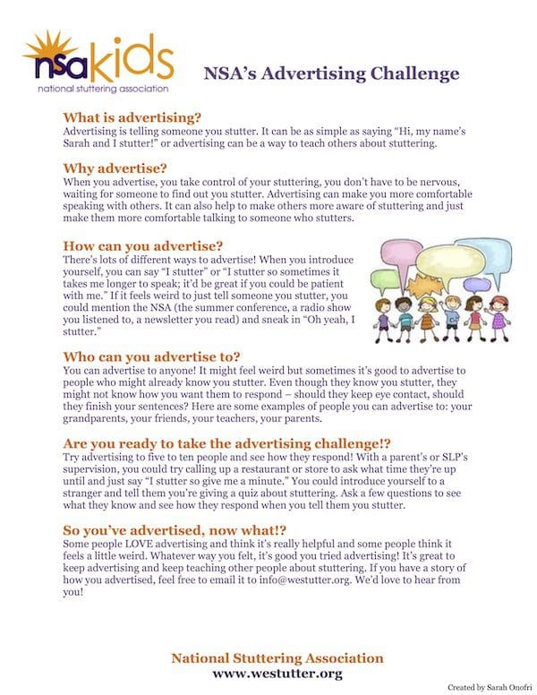 The image displays a page titled "what is advertising?" from the NSA website for kids, explaining the concept of advertising and how youngsters can create effective ads, along with a related activity challenge described at the