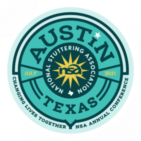 Logo for the 2021 national stuttering association annual conference in austin, texas. features a turquoise and green circular design with star and text highlights.