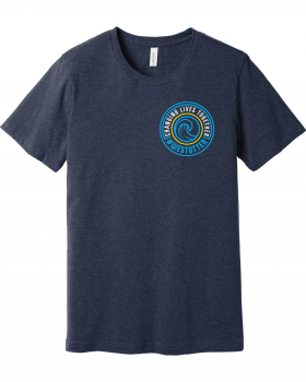 Newport Beach short sleeved t-shirt with a circular logo on the chest featuring a wave design and the text 