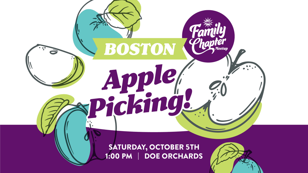 Bright and colorful banner for a Family Chapter meetup event in Boston, featuring apple illustrations. Event titled "Apple Picking!" to take place on Saturday, October 5th at 1:00 PM at Doe Orchards.