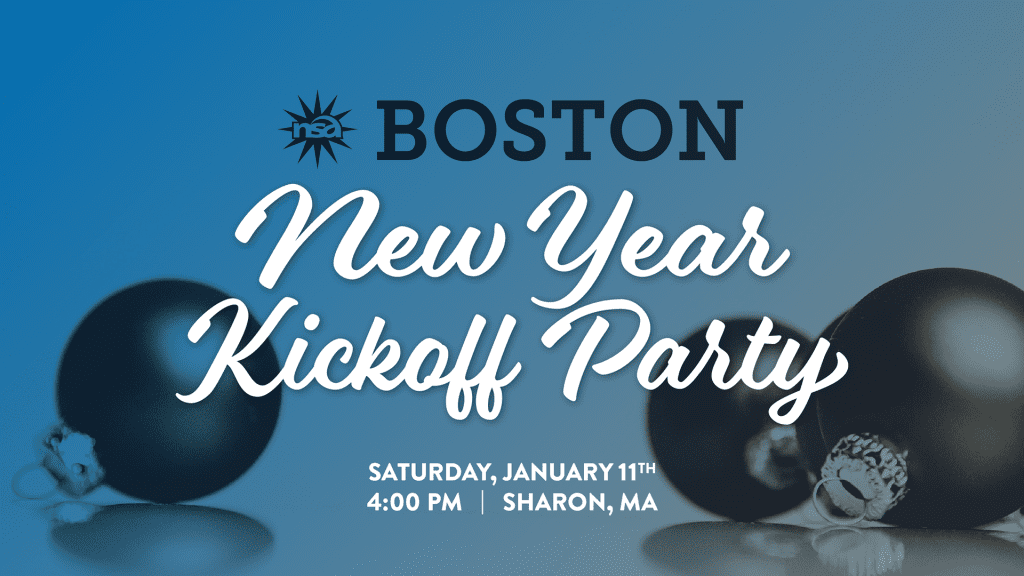 Festive invitation for a "New Year Kickoff Party" hosted by "NCA Boston" on Saturday, January 11th at 4:00 PM in Sharon, MA. The background features Christmas ornaments on a blue gradient.