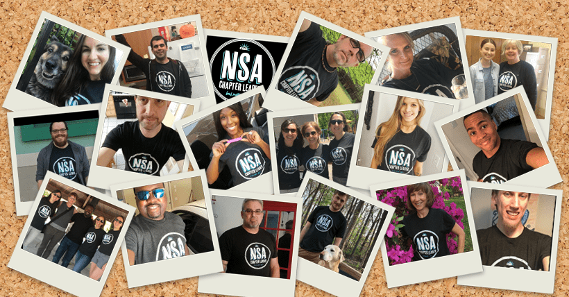 A collage of polaroid photos pinned on a corkboard, featuring diverse individuals wearing t-shirts with the NSA logo, smiling and posing in various settings during virtual chapter meetings.