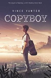 Cover of the book "Copyboy" by Vince Vawter depicting a young boy with a backpack standing on a wooden boardwalk, looking at a hazy, purple sunset over a river.