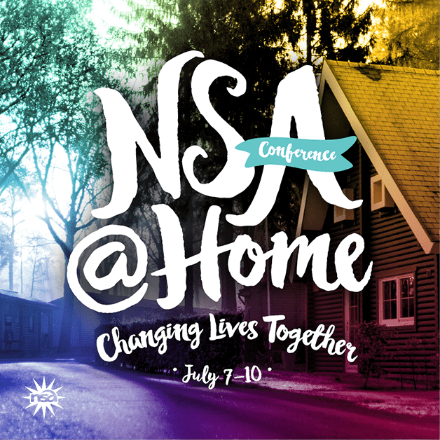 Illustration promoting the "nsa conference @ home" from July 7-10, 2022, featuring large white text over a dreamy image of a cozy house surrounded by trees, bath