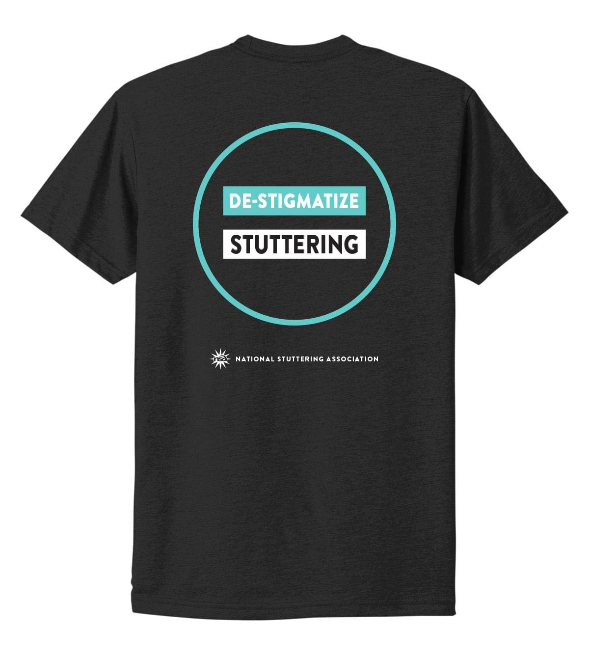 De-Stigmatize Stuttering Tee with a teal circle and white text inside that reads "de-stigmatize stuttering". the logo of the national stuttering association is at the bottom.