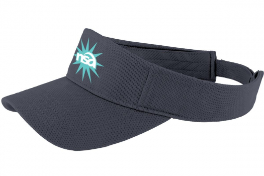 A dark gray sports visor with an adjustable strap, featuring a bright blue and white logo on the front.