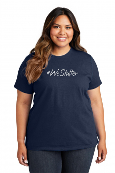 A smiling woman stands confidently, wearing a WeStutter Women's 3/4 Sleeve t-shirt with "#weshutter" printed in white text, paired with gray jeans.