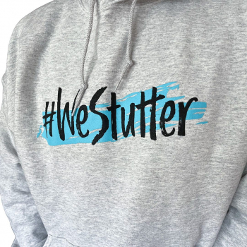 grey hoodie that says #westutter on the front in black text over a light blue paint brush swirl