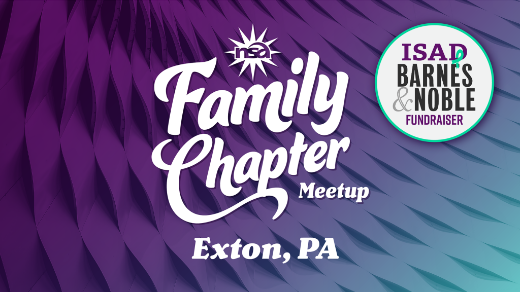 Purple and blue abstract background with text: "NSA Family Chapter Meetup, Exton, PA." A circular logo reads "ISAD Barnes & Noble Fundraiser.