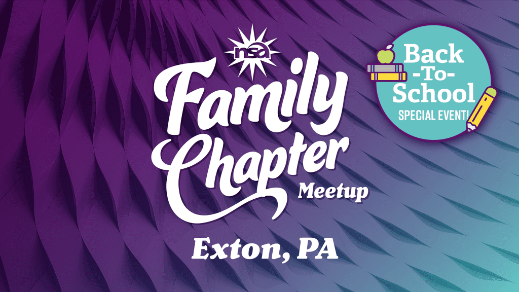 A purple and teal textured background with the text "nsa Family Chapter Meetup" in white, and "Exton, PA" below it. A teal circle on the right shows "Back-To-School Special Event" with icons of books and a pencil. Text is styled in a playful, handwritten font.