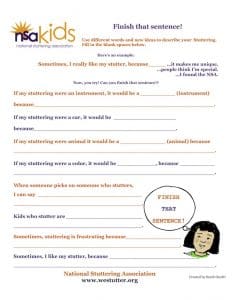 A worksheet from the national stuttering association titled "Finish That Sentence!" featuring various incomplete sentences about stuttering for kids to complete, aiming to express feelings creatively.