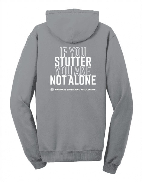 Stronger Together hoodie with text "if you stutter you are not alone" and a logo reading "national stuttering association" on the back. the hoodie is displayed facing backward.