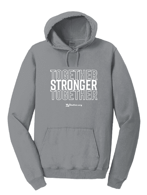 A gray 'Stronger Together' Hoodie with a front pouch pocket and drawstring hood. the text "together stronger together" is printed in bold white letters on the chest area, with "we > shuttlecrew" below in a smaller font.