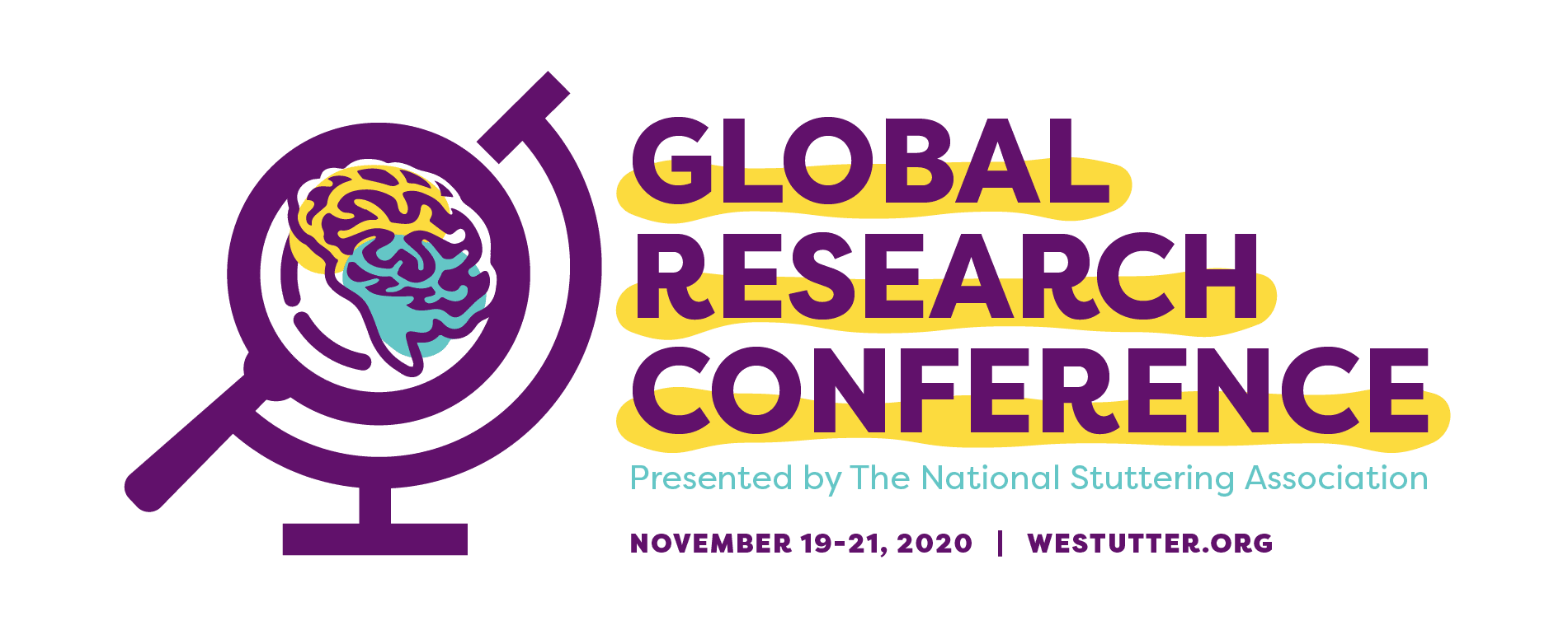 A promotional banner for the global research conference featuring a brain icon inside a magnifying glass. text includes event details and dates, presented by the national stuttering association, with a website url.