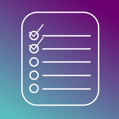 A stylized icon representing a checklist on a rounded rectangle, with a gradient background transitioning from deep purple to blue; two items are marked with check symbols.