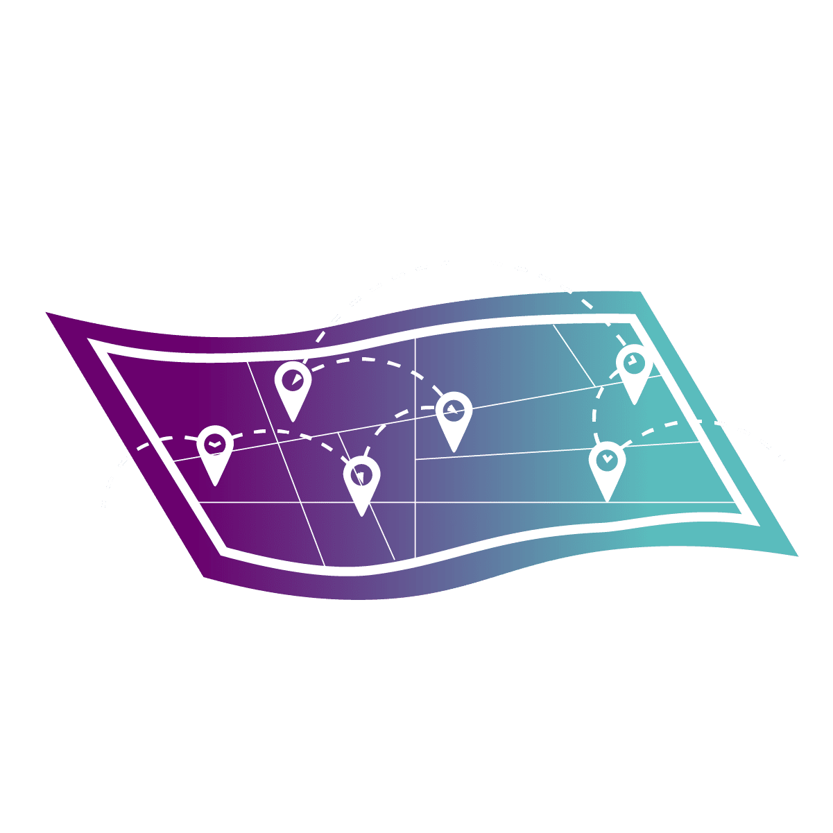 Icon of a stylized map with gradient colors from purple to teal, featuring five location pins connected by dotted lines. The map gives a sense of direction and connectivity, as if guiding you smoothly without stuttering along the way.