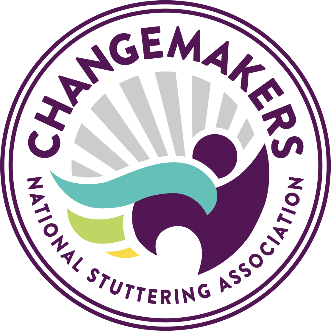 Logo of the ChangeMakers national stuttering association featuring a stylized speech bubble design in white, teal, and yellow on a dark green background.