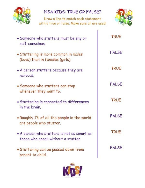 An educational worksheet titled "nsa kids: true or false?" with statements about stuttering for children to evaluate as true or false, decorated with colorful graphics.