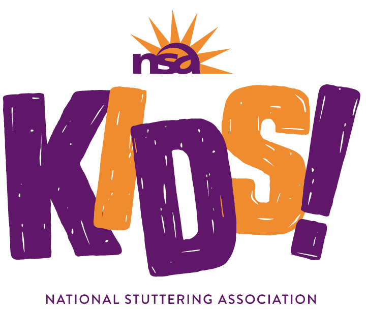 Logo of the national stuttering association "nsa kids," featuring bold, colorful letters with a sun symbol above and full name beneath.