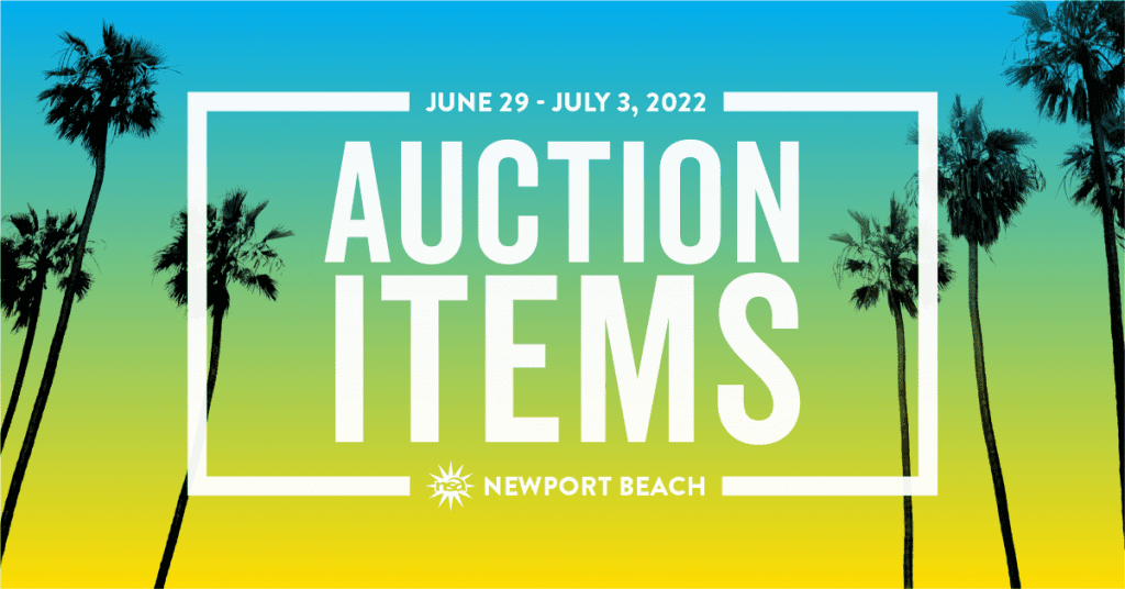 Graphic promoting the 41st Annual NSA Conference auction event at Newport Beach from June 29 to July 3, 2022, featuring the text "auction items" in bold against a backdrop of