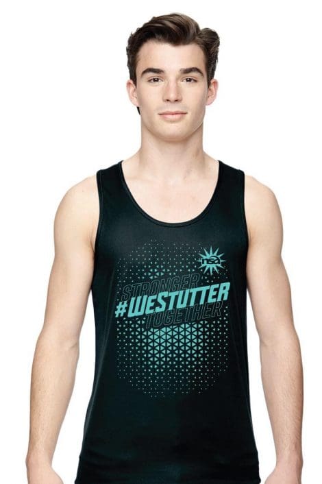 A young man wearing a Stronger Together Tank Top with the text "#stronger #westuttertogether" and a blue gradient design. he has short, dark hair and a neutral expression.