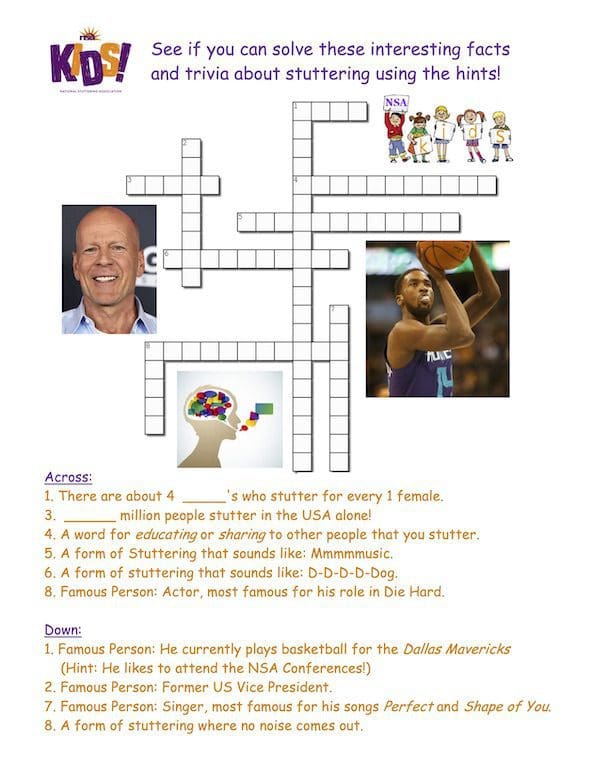 Educational crossword puzzle for children featuring clues related to famous individuals who stutter, including photos of a singer and a basketball player, and an illustration of a hand holding a globe puzzle.