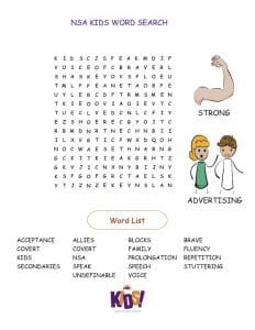 An illustrated kids' word search puzzle with a "word list" at the bottom containing words like "acceptance" and "voice." Two cartoon figures, one showing strength and the other demonstrating advertising,