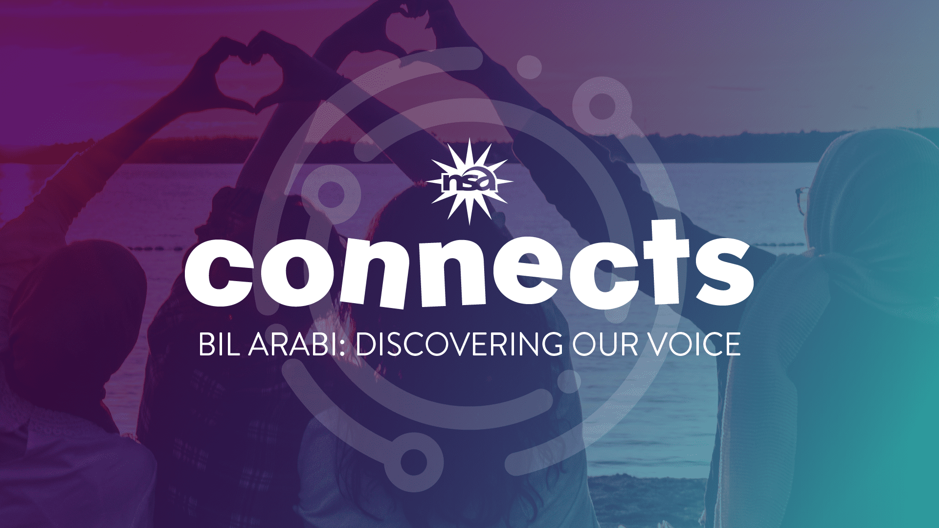 Silhouettes of four individuals making heart shapes with their hands against a sunset over water. logo and text "nba connects bil arabi: discovering our voice" overlaid.