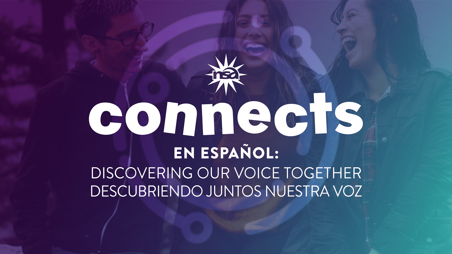 Promotional graphic for "NBA connects en Español" featuring three joyful people laughing together overlaid with text about discovering our voice together.