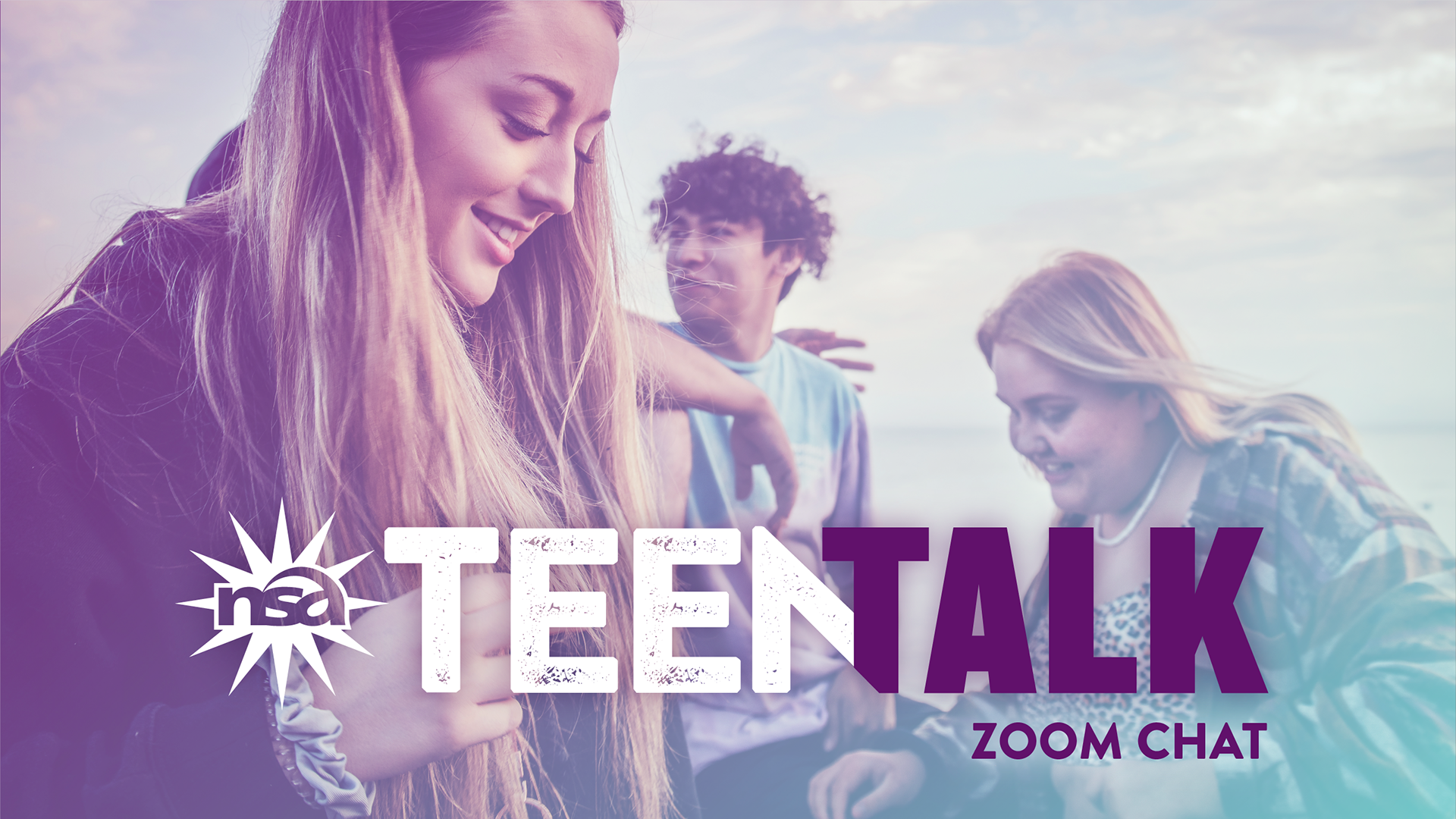 A group of teenagers smiling and talking outdoors with a pastel sky in the background. The text reads, "Teen Talk Zoom Chat" with a stylized logo.