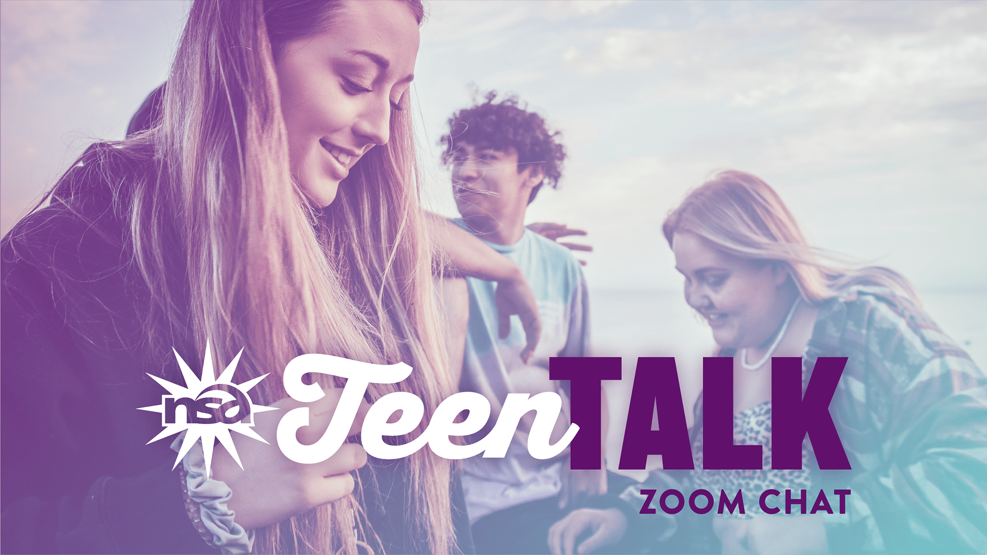 Promotional graphic for "TeenTalk Zoom Chat" showing three joyful teenagers at a seaside, with the "TeenTalk" logo in the foreground. The image uses a cool, purple overlay.