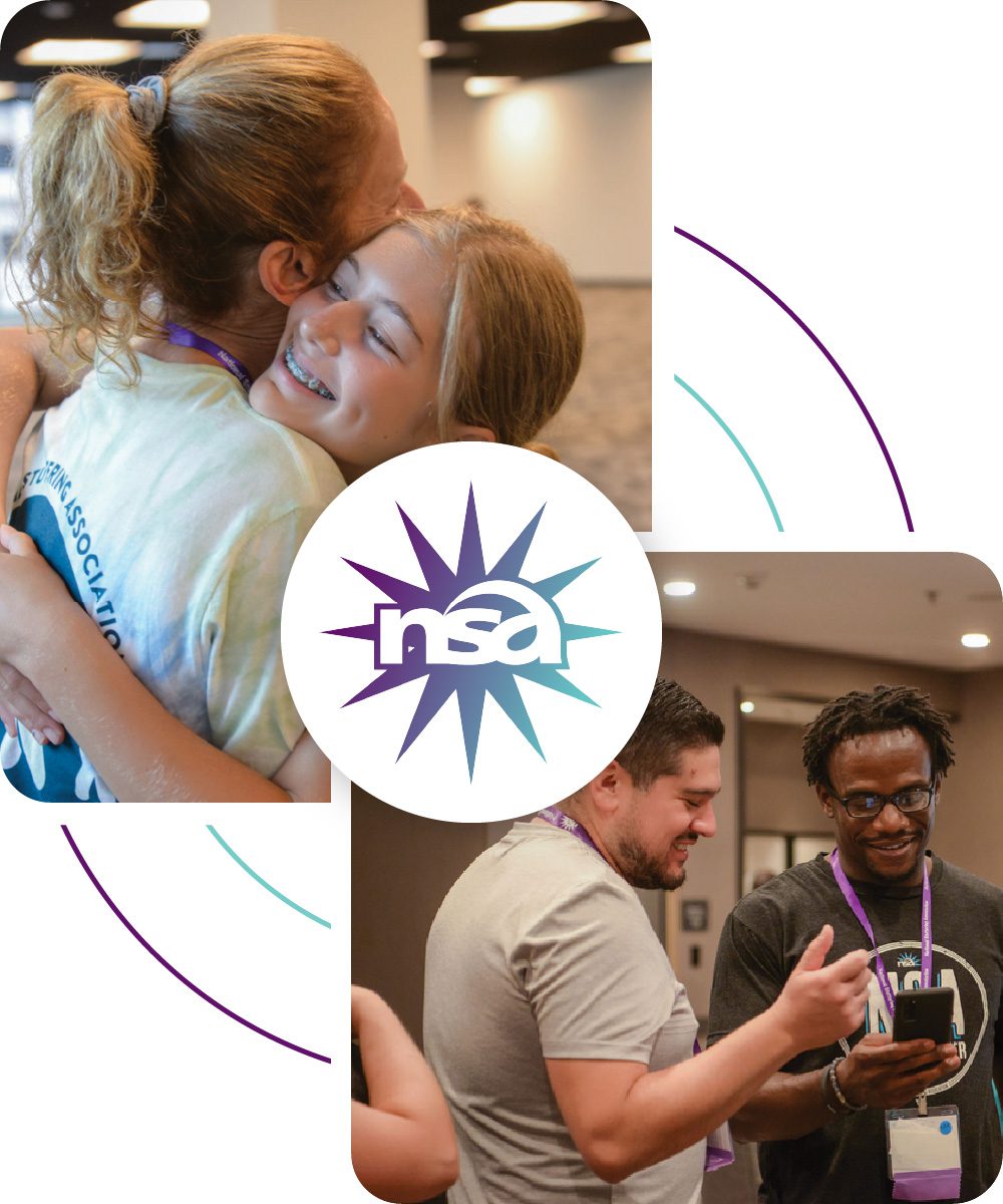 Students participating in a National Stuttering Association event. A close-up shows two girls hugging warmly in celebration, while another shows two men sharing something on a smartphone. The event logo is centered between the images.