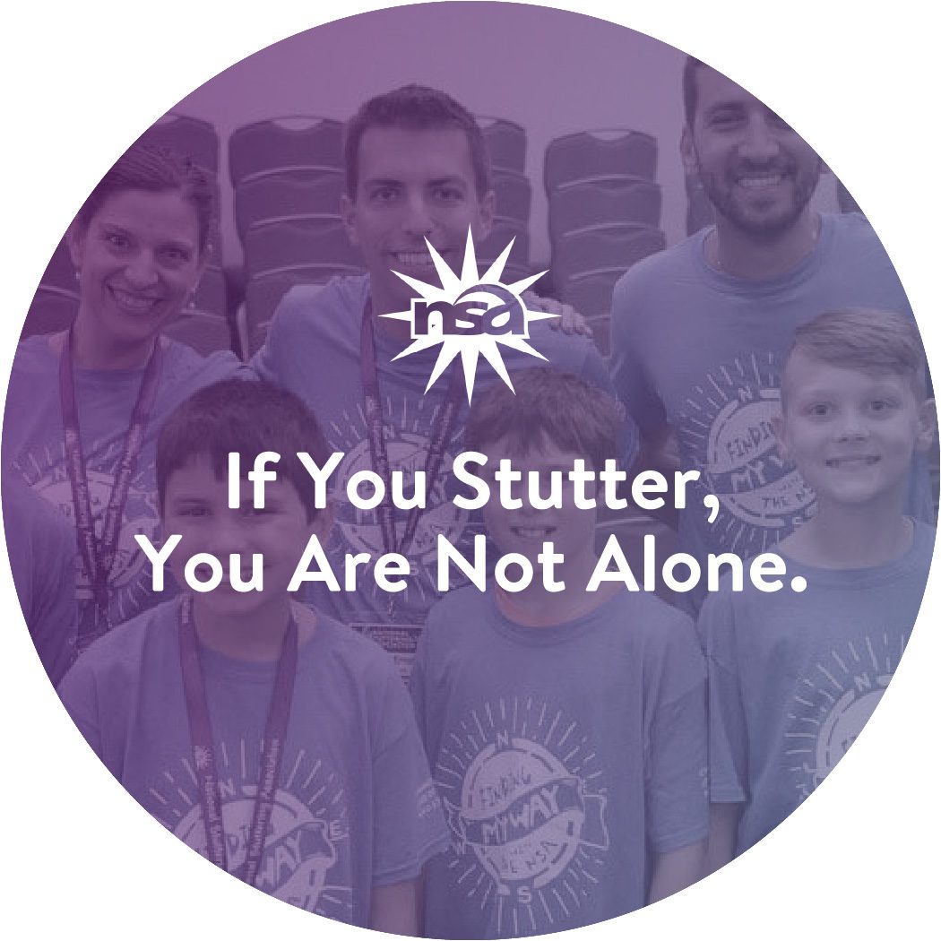 A group of smiling people, including adults and children, wearing matching blue shirts stand together. The image has a purple circular overlay with the National Stuttering Association (NSA) logo, accompanied by the text, "If You Stutter, You Are Not Alone.