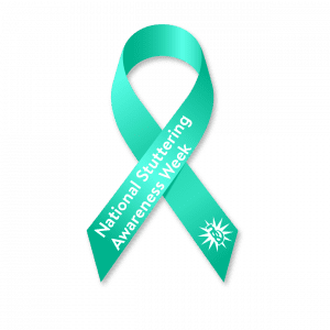 A teal awareness ribbon with the text "national stuttering awareness week" and a small white starburst on it, symbolizing support for those who stutter.