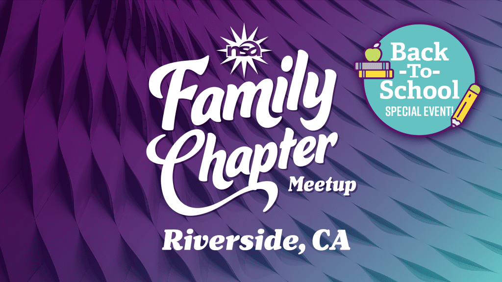 Promotional graphic for the NSA Family Chapter Meetup in Riverside, CA, featuring a "Back-To-School Special Event" badge with animated books and a pencil on a textured purple and teal background.