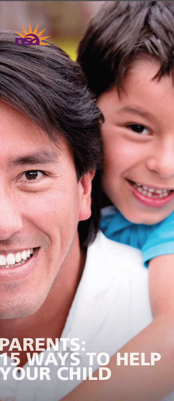 A smiling man holding a joyful child on his back, both looking towards the camera, with text above reading "Parents: 15 Ways to Help Your Child" and a logo in the top left corner.