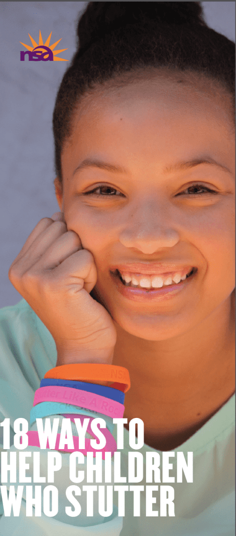 A smiling young girl with her chin resting on her hand, wearing bracelets, with text "18 Ways to Help Children Who Stutter" and a logo at the top.