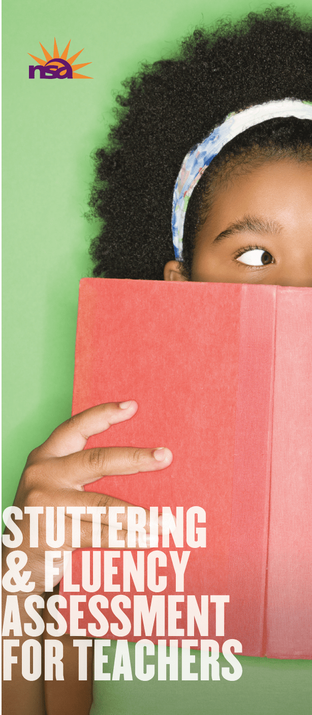 A young girl with curly hair peeks over an open red Stuttering and Fluency Assessment for Teachers book, covering half her face, against a lime green background. text reads "stuttering & fluency assessment for teachers" with an "nsa" logo at the top.