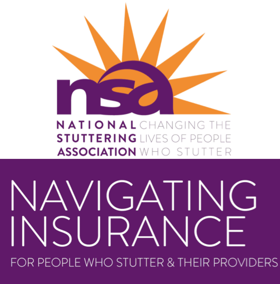Logo of the national stuttering association featuring a sunburst design above the acronym 'nsa', followed by text "national changing the stories of people who stutter navigating insurance for people who stutter & their providers