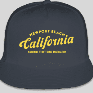 A navy blue baseball cap with "Stronger Together" in yellow script and "national stuttering association" in white text below, centered on the front panel.